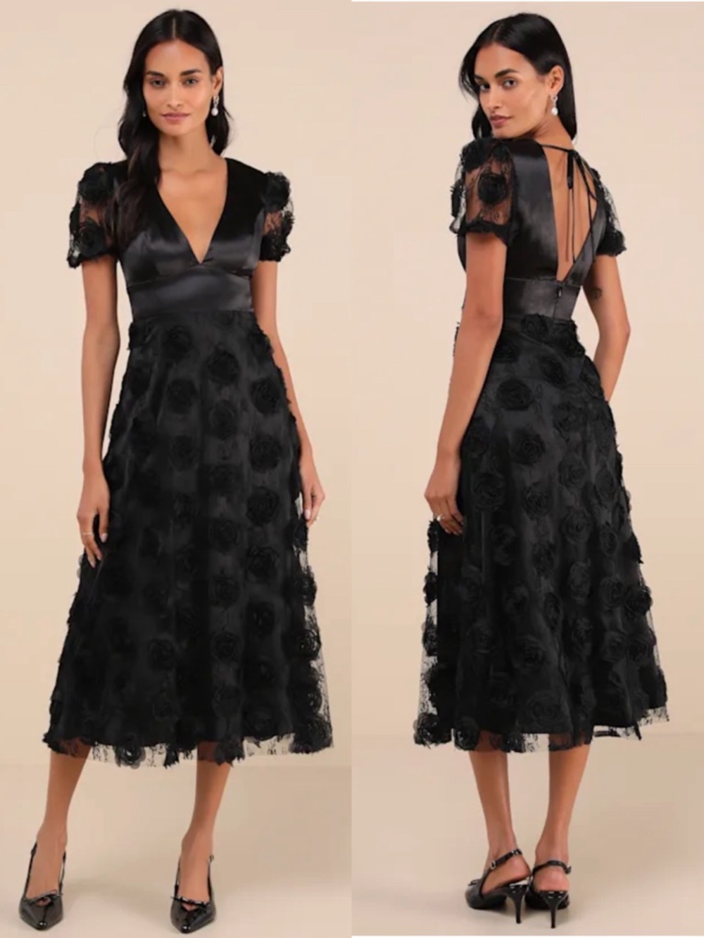 Lulu's Black Floral Appliqué Midi Dress